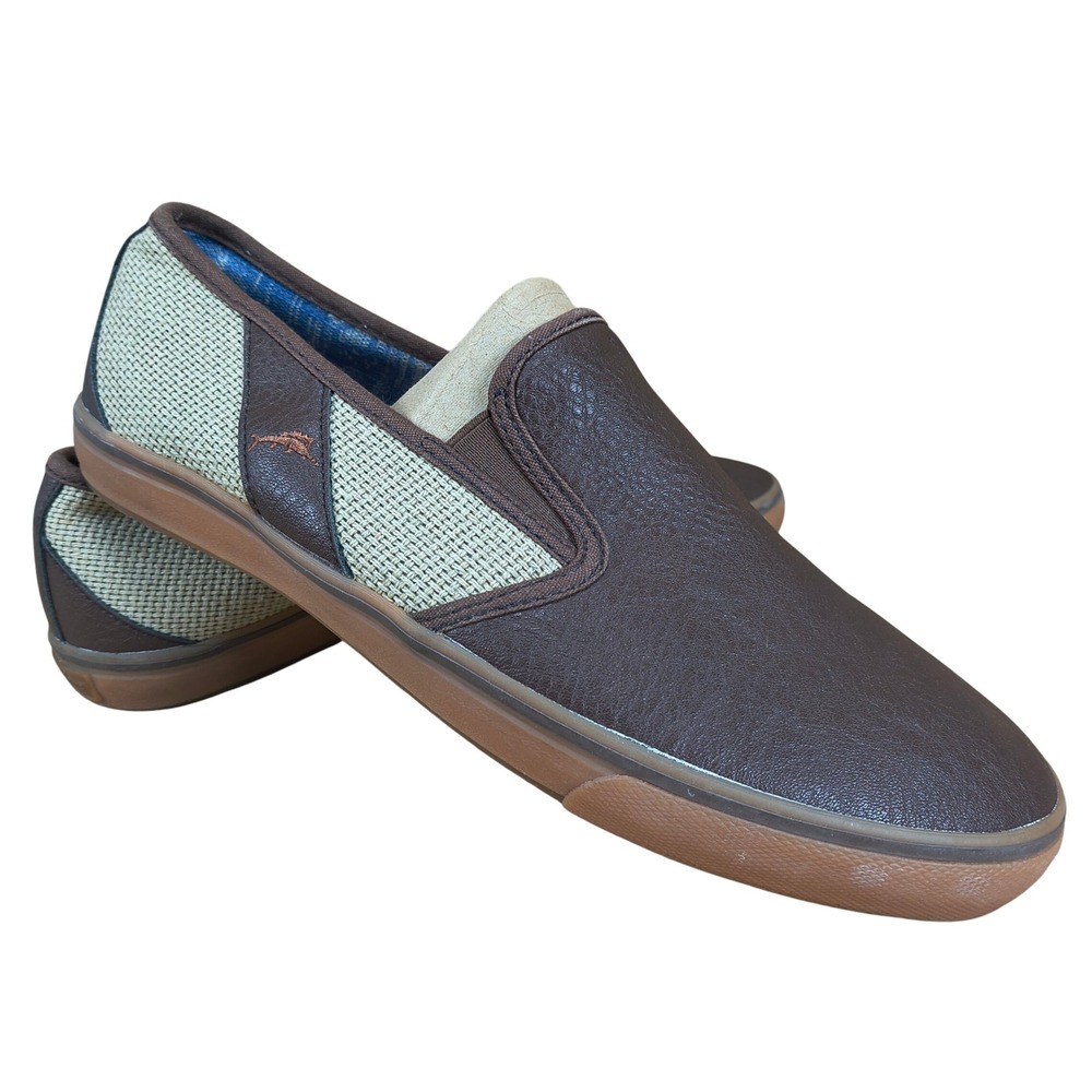Tommy Bahama Mens Brown PU Leather Textile Slip On Loafers Shoes TB7F00149 10.5‎